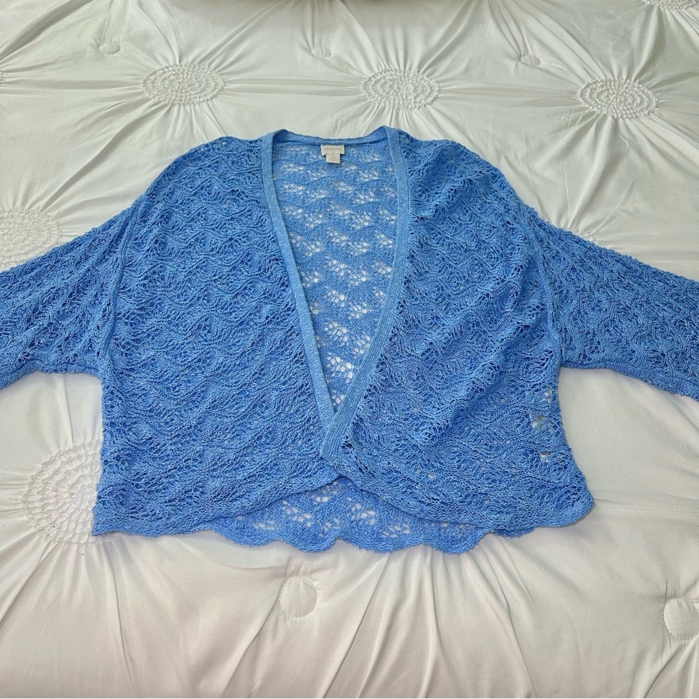 Chico's Linen & Cotton Blend Open Knit Drape Front Drop Shoulder Cardigan Sz XL - Picture 7 of 16